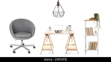 Set of different office furniture and ceiling lamp on white background Stock Photo