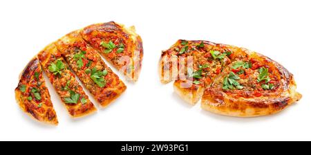 Collage of sliced Turkish Pizza on white background Stock Photo