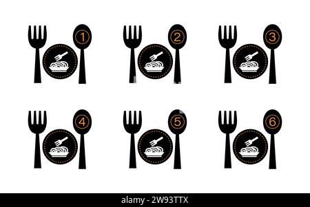 Restaurant icon, dish portion number symbol spoon and plate. Stock Vector