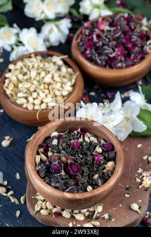 dried rose flowers to dried tea leaves, ready for making green tea dried high-quality tea leaves Stock Photo