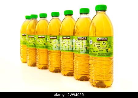 Bottles of Kirkland Signature green tea with citrus flavor. Stock Photo