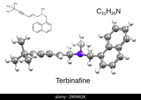 Chemical formula, structural formula and 3D ball-and-stick model of an antifungal agent terbinafine, white background Stock Photo
