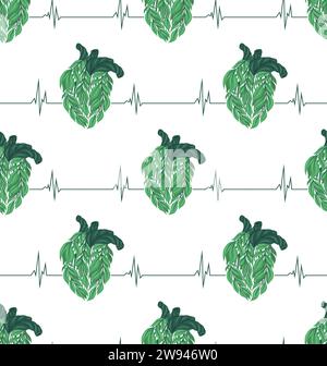 Vector medicine seamless pattern with healthy human hearts made of leaves with cardiogram on white background. Texture with heart transplant and pulse Stock Vector