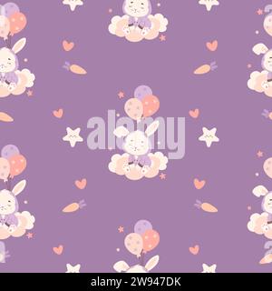 Seamless pattern with animal sleeping bunny with balloons on cloud on purple background. Vector illustration for design, wallpaper, packaging, textile Stock Vector