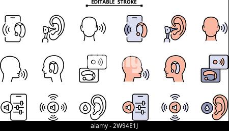 Hearing Aid Collection Icons Set. Editable stroke. Hear Music Earphones And Dynamic, Hearing Device And Volume Button Concept Color Flat Pictograms. V Stock Vector