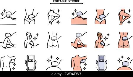 Laser hair removal line icons set. Editable stroke. Color epilation symbols. Apparatus, equipment. Vector illustration isolated on white. Stock Vector
