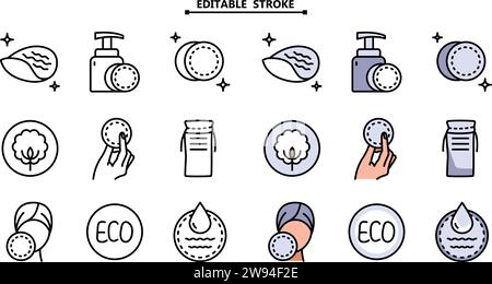 Cotton pads color icons set. Editable stroke. Round Cotton Pads flat icons. Makeup, hygiene products vector illustration. Cotton sponges icons set. Is Stock Vector