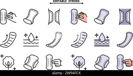 Women sanitary pad color icons set. Editable stroke. Hygiene routine concept. Sanitary pad vector signs collection. Woman hygiene napkin flat icons. M Stock Vector