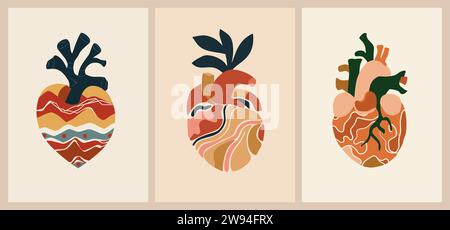 Set of abstract boho style Heart vector posters. Stock Vector