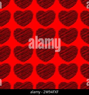 Black Love Heart scribbles in red color background. Seamless pattern design template Stock Vector