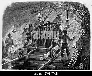 Engraving of a boring machine in Cenis tunnel that links Italy and ...