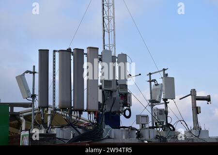 Multiple antennas and other telecommunication equipment located on top of Namsan mountain Stock Photo