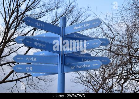 Direction signs pointing to many cities and countries around the world ...