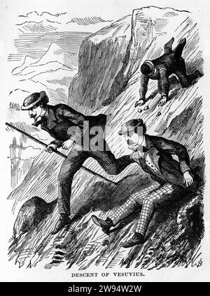 Engraving of explorers descending into the crater of Mount Vesuvius, from The Underground World, circa 1878 Stock Photo
