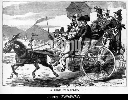 Engraving of a family driving in a horse-drawn carriage near Naples, with Mount Vesuvius erupting in the background, from The Underground World, circa 1878 Stock Photo
