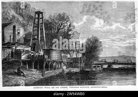 Engraving of a pumping well on oil creek, Venango County, Pennsylvania, circa 1880 Stock Photo