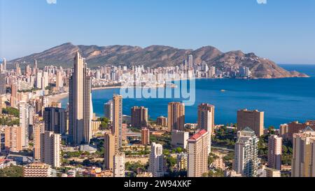 Aerial drone view of the skyline of Benidorm. Benidorm is a coastal city in the Costa Blanca, Spain. Stock Photo