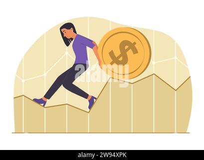 Businesswoman Push a Big Coin of Dollar Currency on Graph Chart for Financial Concept Illustration Stock Vector