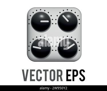 The isolated vector silver square audio mixing console 3D icon with four black control knobs, button, white pointers and scale markings Stock Vector