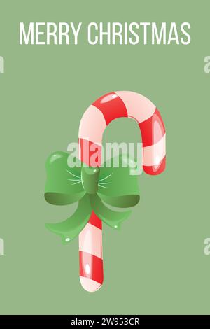 Christmas card with candy cane shaped candy cane with red stripes and big green bow with shadows and highlights. With textom. Vertical. Vector Stock Vector