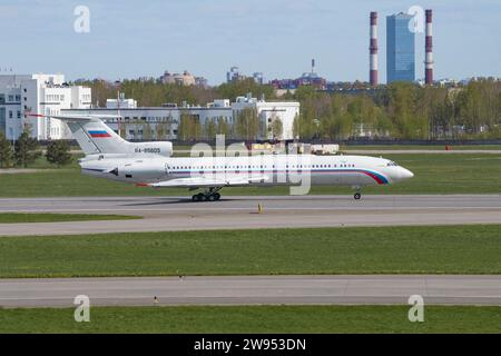 SAINT PETERSBURG, RUSSIA - MAY 20, 2022: Soviet aircraft Tu-154B-2 (RA-85605) in Pulkovo airport on a sunny May day Stock Photo
