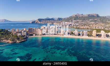 Aerial drone photo of the Spanish coastal town named Calpe in the Costa Blanca. Stock Photo
