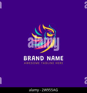 Colorful owl logo vector illustration. Minimalist nocturnal bird mascot emblem design on purple background. Stock Vector