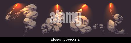 Set of rockets flying with smoke trail isolated in black background. Vector cartoon illustration of missile or bomb attack with fire and clouds of gre Stock Vector