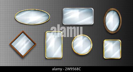 Set of 3D mirrors isolated on transparent background. Vector realistic illustration of square, round, rhombic glass with reflective surface in golden, Stock Vector