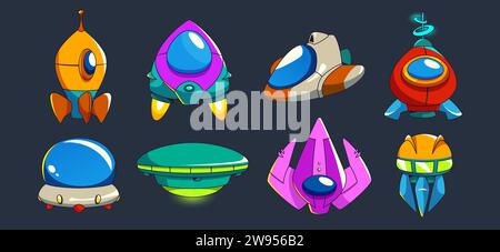 Spaceship and alien ufo ui game vector cartoon set. Fantasy galaxy icon and cosmic spacecraft object illustration. Isolated different jet and shuttle Stock Vector