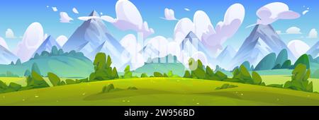 Summer natural landscape with green grass, bushes and trees on meadow in foot of high mountains. Cartoon vector panoramic scenery with grassland near Stock Vector