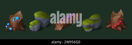 Forest stumps and stones set isolated on background. Vector cartoon illustration of old tree trunk and branch with neon color poisonous mushrooms, roc Stock Vector