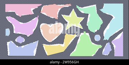 Realistic set of color paper pieces for collage isolated on transparent background. Vector illustration of star, heart, abstract shape sheets with tor Stock Vector