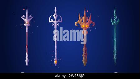 Poseidon or Neptune magic fantastic trident made of wood and metal and decorated with gemstones. Cartoon vector illustration set of mythology harpoon Stock Vector
