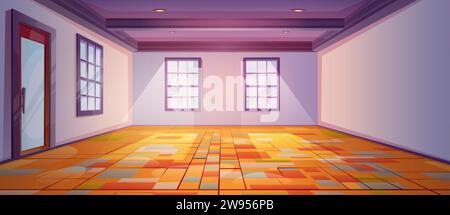 Empty room interior design. Vector cartoon illustration of spacious premises with daylight in glass windows, closed door, wooden floor decorated with Stock Vector