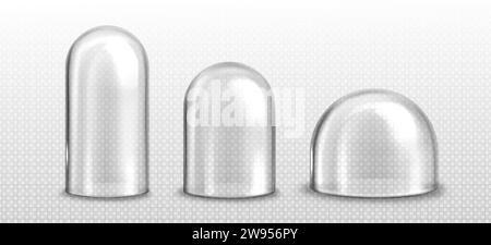 Glass domes set isolated on transparent background. Vector realistic illustration of different size 3D bell jars, laboratory tool, spherical exhibitio Stock Vector