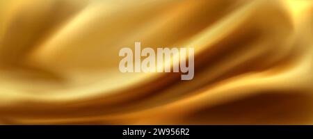 Golden silk fabric liquid texture. Realistic vector background of satin glossy cloth with abstract waves and ripples. Luxury soft smooth gold colored Stock Vector