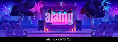 Night concert stage at music festival in park. Vector cartoon illustration of platform with spotlights and loudspeakers, chairs for audience, colorful Stock Vector