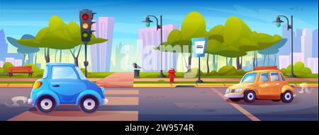 Cartoon summer landscape of city street road with cars, traffic light and bus stop sign, cross and sidewalk near public park with trees. Vector urban Stock Vector