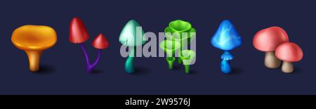 Fantasy mushrooms set isolated on background. Vector cartoon illustration of magic fungi in neon blue, green, yellow, red, turquoise colors, fairytale Stock Vector