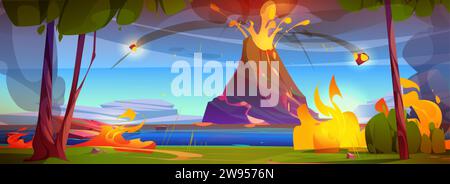 Volcano eruption with lava flow. Vector cartoon illustration of prehistoric volcanic island, hot magma pouring from crater, fire burning in forest, ho Stock Vector