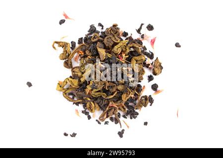 Tea with strawberry flavor and passion fruit on white background. Top view. Stock Photo