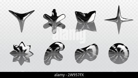 Y2k chrome elements set isolated on transparent background. Vector realistic illustration of liquid metal star, flower, cross, round icons, abstract g Stock Vector