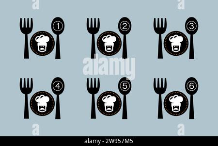 Restaurant icon, dish portion number symbol spoon and plate. Stock Vector