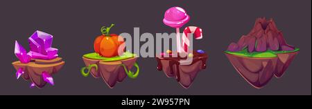 Game floating islands with glossy violet gemstone clusters, ripe pumpkin on grass, sweet candies on chocolate surface and sleeping volcano rocky mount Stock Vector