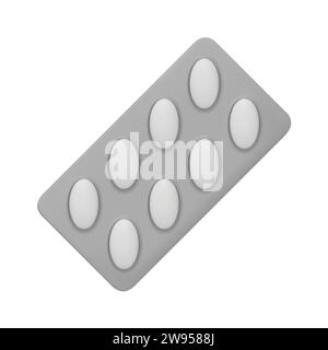 3D vector medical drugs, tabs in package, silver blister pills. Oval medicament painkillers, tablets, antibiotics, active additives. Healthcare medici Stock Vector