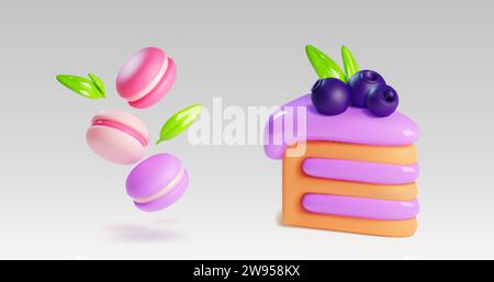 Sweet baked dessert 3d - triangular piece of layered cake with purple cream decorated with blueberry and mint leaves and flying macaroon biscuits. Rea Stock Vector