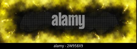 Yellow lightning frame with smoke glow effect. Thunder light electric border line design. Neon energy charge rectangle top and bottom shape. 3d radiat Stock Vector
