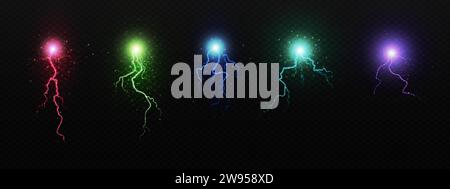 Color lightning bolts set isolated on transparent background. Vector realistic illustration of magic energy strike, electric discharge, thunderbolt fl Stock Vector
