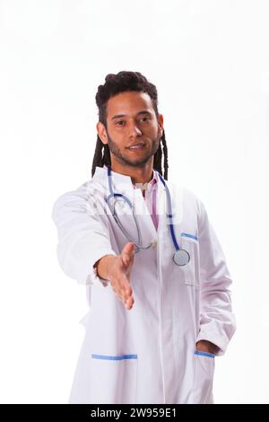 friendly rastafari doctor saluting you (isolated on white) Stock Photo